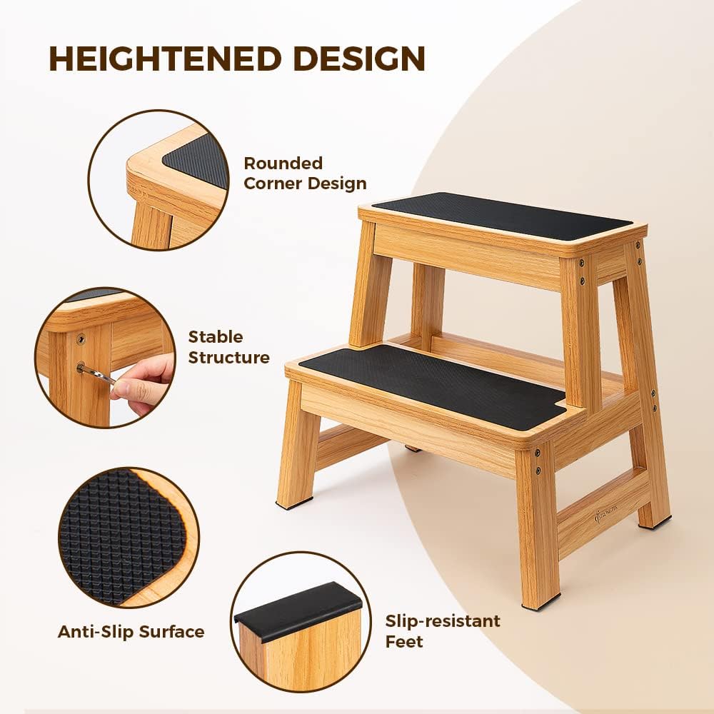 StrongTek Wood Step Stool - Heavy-Duty Two-Step Design for Adults & Kids | 17" Tall, Non-Slip Steps