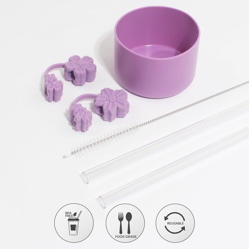 AFKLMNE 6-Pack for Stanley Cup Accessories Set 30/40 Oz Tumbler, 2 Straw Cover, 2 Replacement Straws, 1 Straws Cleaner Brush, 1 Boots, SIlicone Cherry Flower Straw Topper Cap (Lilac)