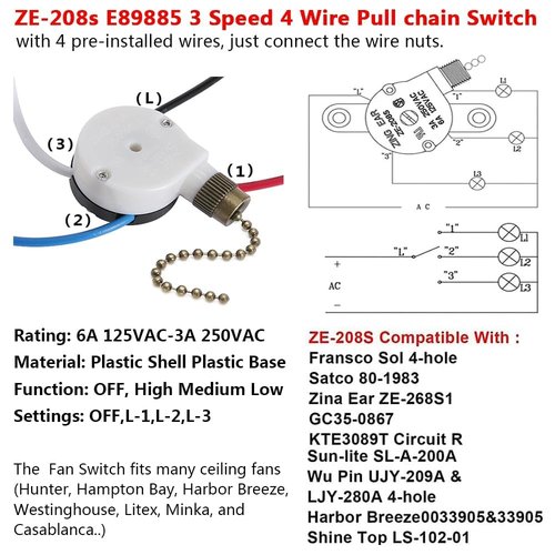 Ceiling Fan 3 Speed Switch With 4 Pre-Installed Wires - Zing Ear ZE-208s E89885 4 Wire Pull Chain Fan Light Replacement Part (Bronze Chain)