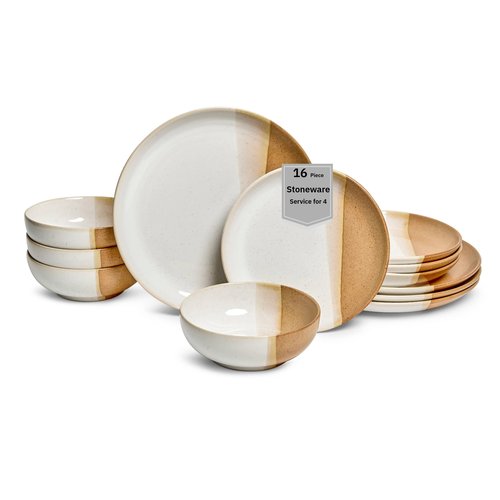 Sango 12 Pieces Stoneware Dinnerware Set, Glossy Caramel & Cream Dishes for 4, Premium Plates and Bowls Sets, Chip & Scratch Resistant, Ceramic Kitchen Dish Set, Microwave & Dishwasher Safe, Phoebe