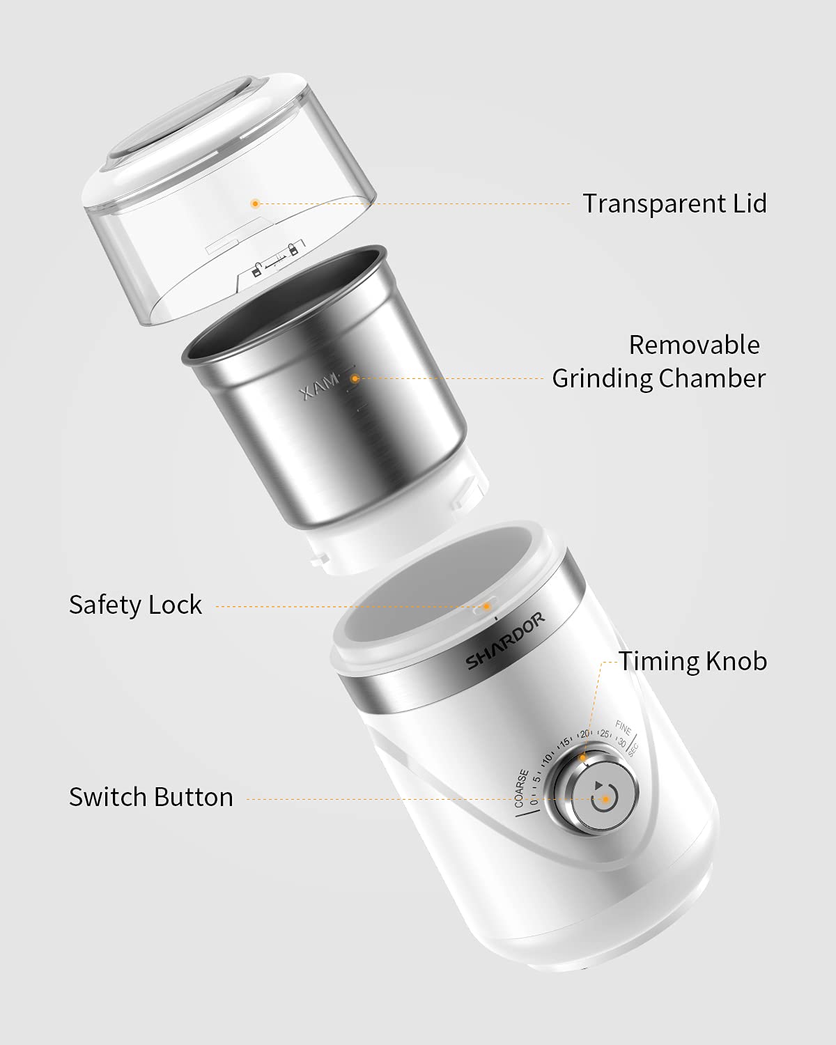 SHARDOR Electric Super Silent Blade Coffee Grinder, Timed Grind Control Rotary Knob, Adjustable Coarse to Fine for Coffee Beans, Spices & Herbs, with 2 Removable Stainless Steel Bowl, Brown