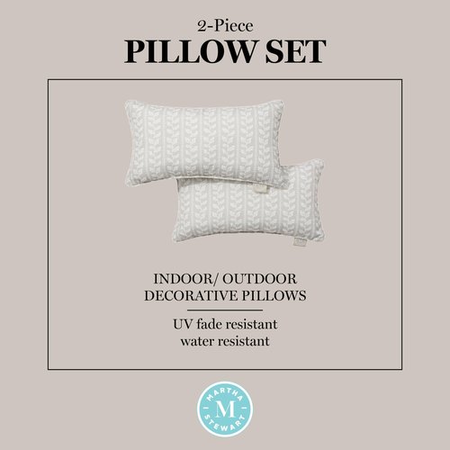 Martha Stewart Vineyard Vines Indoor Outdoor Decorative Lumbar Pillow 2-Pack Set, UV Fade Resistant, Water Repellent, Printed Garden Design, Warm Grey, 11"x18"