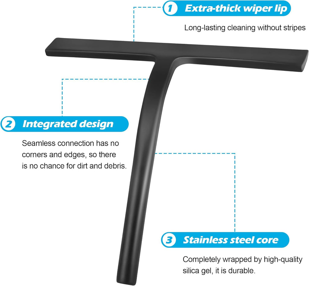 Skiennix Shower Squeegee - Premium Glass Door & Mirror Cleaner with Hook - Black Silicone Finish