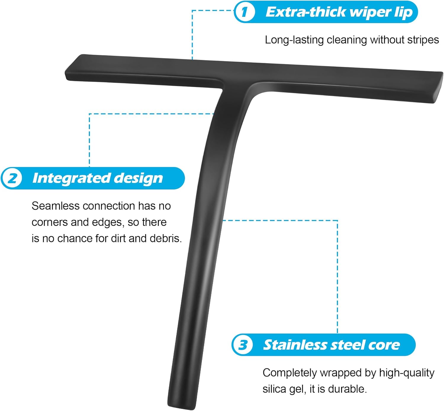 Skiennix Shower Squeegee - Premium Glass Door & Mirror Cleaner with Hook - Black Silicone Finish