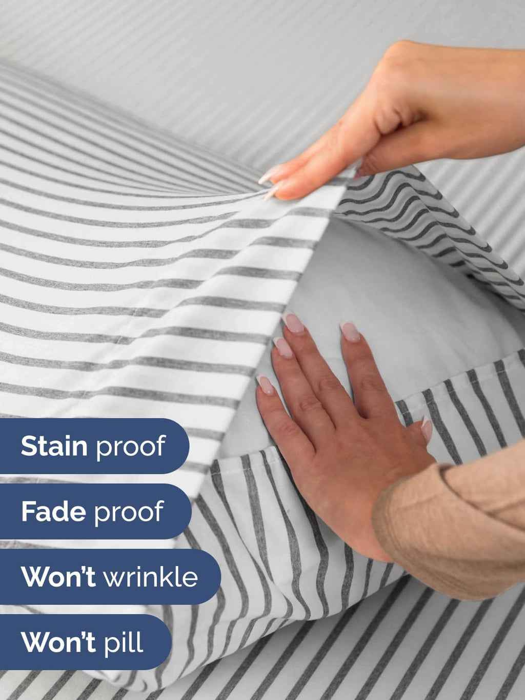 Skiennix Extra Deep Split King Sheet Set - 7 Piece Cooling Bedding - Soft, Wrinkle-Free, Grey Stripes