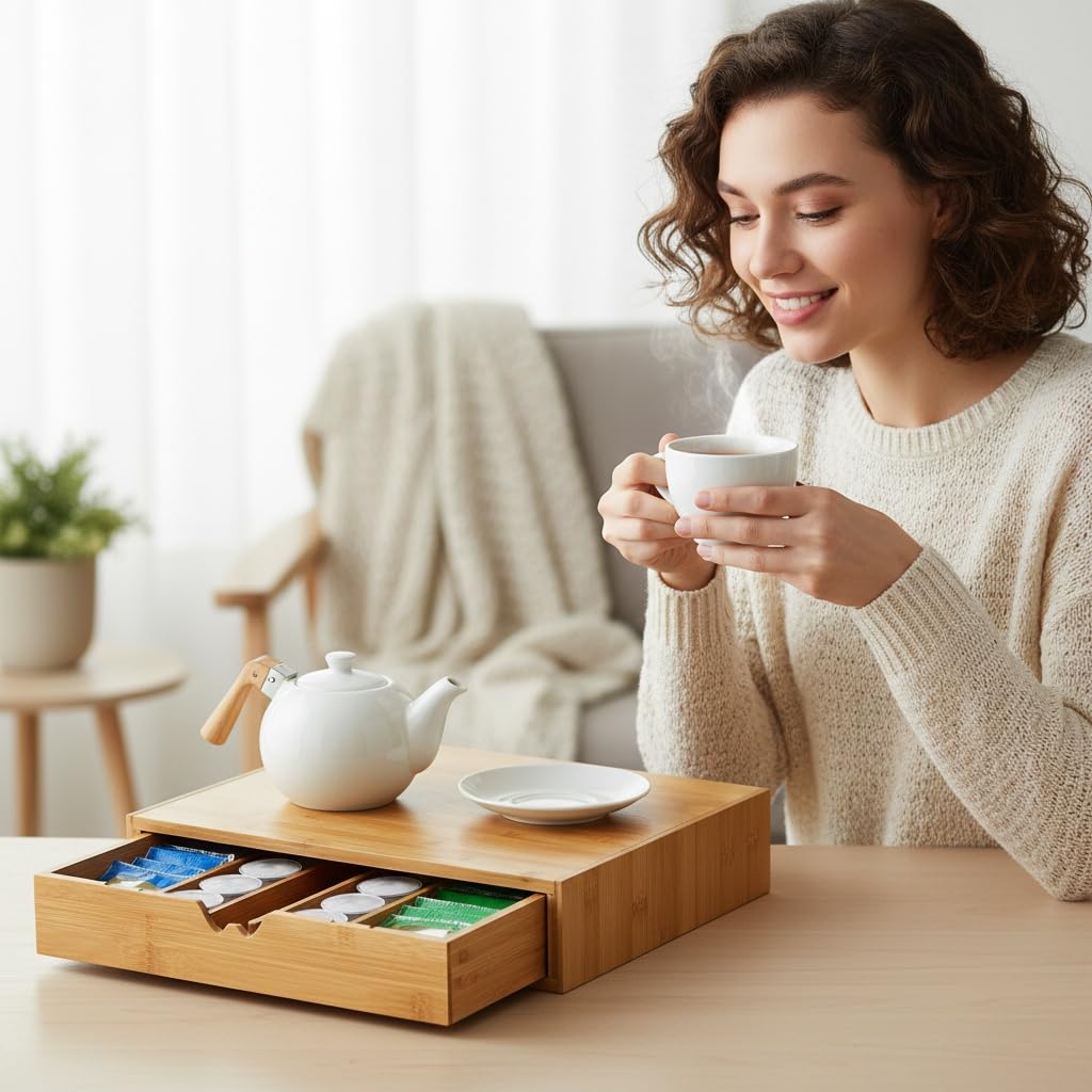 Peohud Bamboo Tea Bag Organizer, Tea Bag Storage Box for Countertop with Removable Divider Drawer, Functional Coffee Pod Holder for Kitchen, Office, Coffee Station, Tableware, Cosmetics