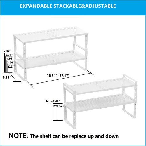 Wobmmi Expandable,Adjustable & Stackable Spice Rack, Cabinet Kitchen Countertop Shelf Organizer,Metal Pantry Storage Shelves - Space-Saving Storage Solution(2Packs/White/Medium)