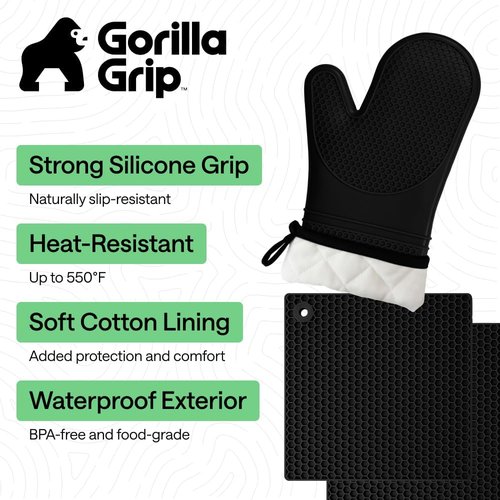 Gorilla Grip Silicone Oven Mitts Set - BPA-Free, Heat Resistant & Waterproof | 4-Piece Black Cooking Gloves