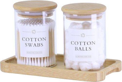 INIUNIK Qtip Holder - 2 Pack Glass Apothecary Jars with Lids for Bathroom Organization | Cotton Ball & Swab Storage