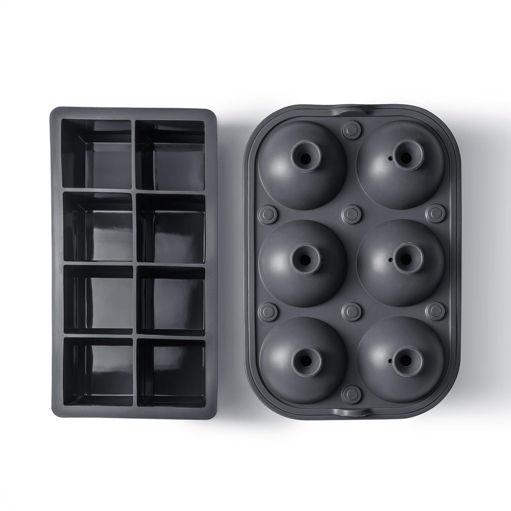Ice Cube Molds – Large Silicone Ice & Sphere Mold Combo with Built-In Easy-Fill Funnel 2-Inch Round & Square Whiskey Ice Molds for Cocktails & Bourbon (Charcoal & 8 cube)