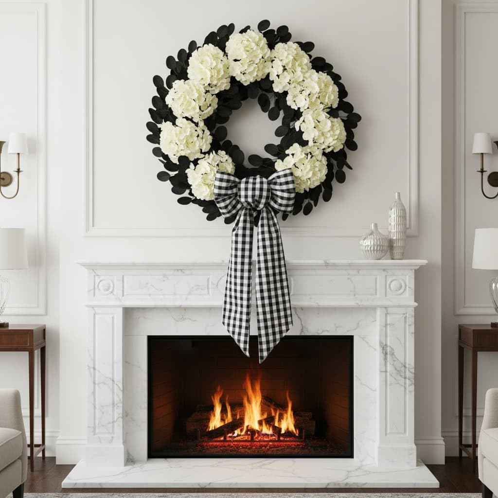 Regine Switzerland Black And White Plaid Wreath - Elegant Front Door Decoration For Halloween & Weddings