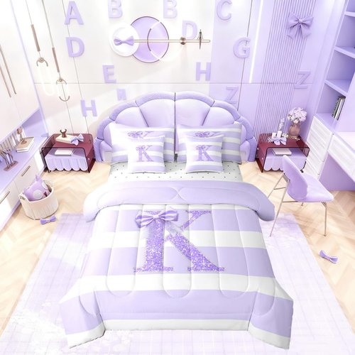 Erosebridal Monogram Letter K Full Size 7 Piece Bedding Set for Kids Purple Bow Bed in A Bag Personalized Glitter Initial Comforter Set for Girls Teens Bedroom Decor Modern Aesthetic Stripes Bed Sets