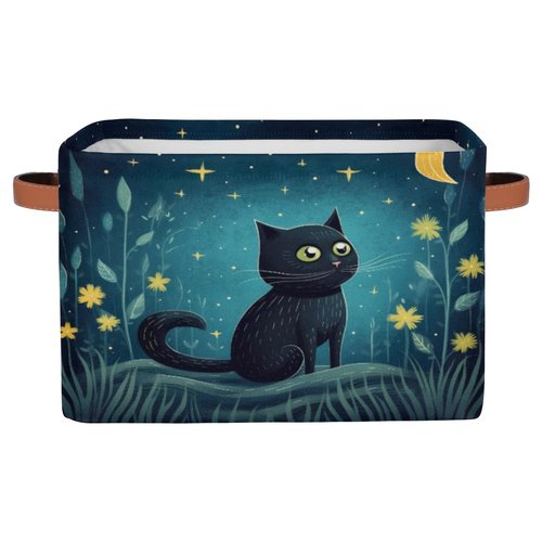 OMFUNS Cute Cat Storage Basket, Star Flower Foldable Storage Bin with Handle Fabric Rectangular Storage Box Organizer for Closet Shelf Home Office Nursery Toy Basket, 1 Pack