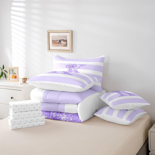 Erosebridal Monogram Letter K Full Size 7 Piece Bedding Set for Kids Purple Bow Bed in A Bag Personalized Glitter Initial Comforter Set for Girls Teens Bedroom Decor Modern Aesthetic Stripes Bed Sets