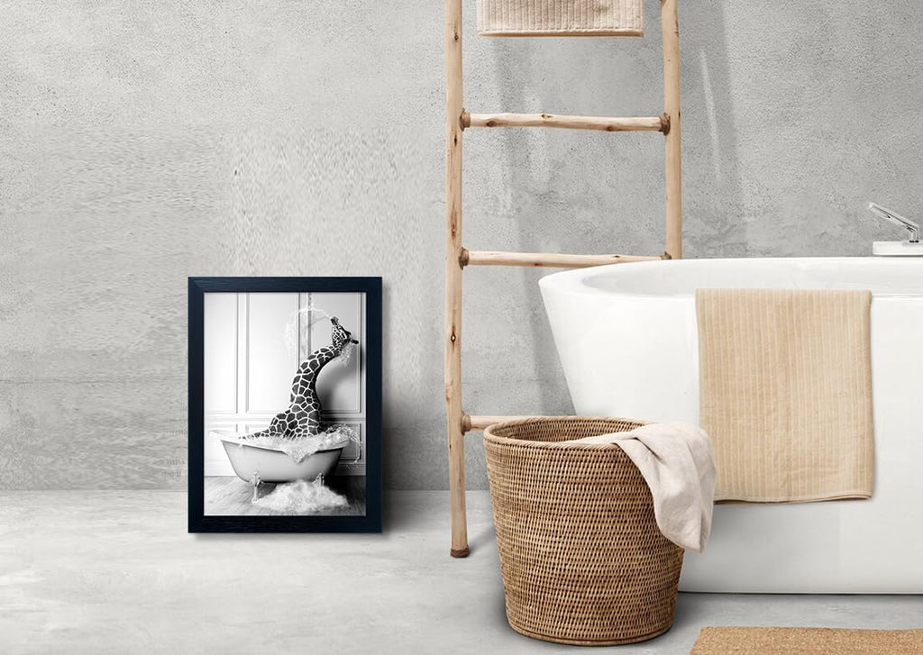 Skiennix Framed Animal Bathroom Wall Art - Funny Giraffe in Bathtub Canvas Print | Black and White Decor for Kids' Bathrooms