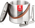 4L Ice Bucket with Lid, Scoop,Tongs & Strainer, Stainless Steel Double Wall Insulated Ice Buckets for Parties & Cocktail Bar, Large Outdoor Champagne Ice Container, Light Brown Handle