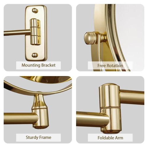 Cerdeco 8 Inch Double Sided Makeup Wall Mount Mirror with Gold Plated Finish 360 Swivel Extendable Cosmetic Shaving Mirror