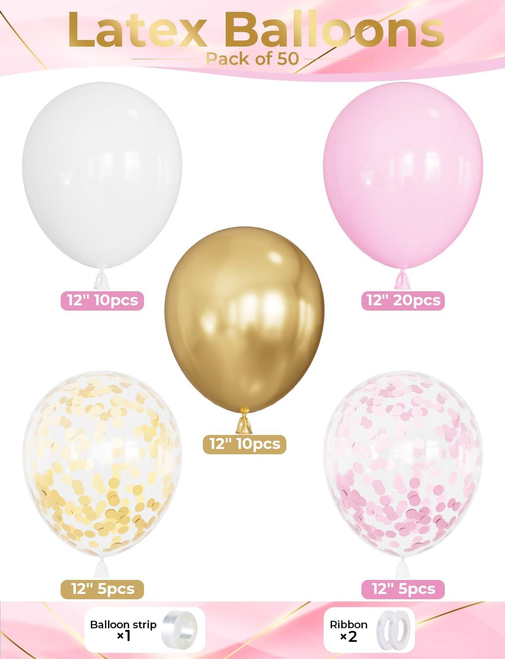 Skiennix Pink and Gold Balloons Set - 12 Inch Light Pink & White Metallic Balloons for Baby Shower & Birthday Parties