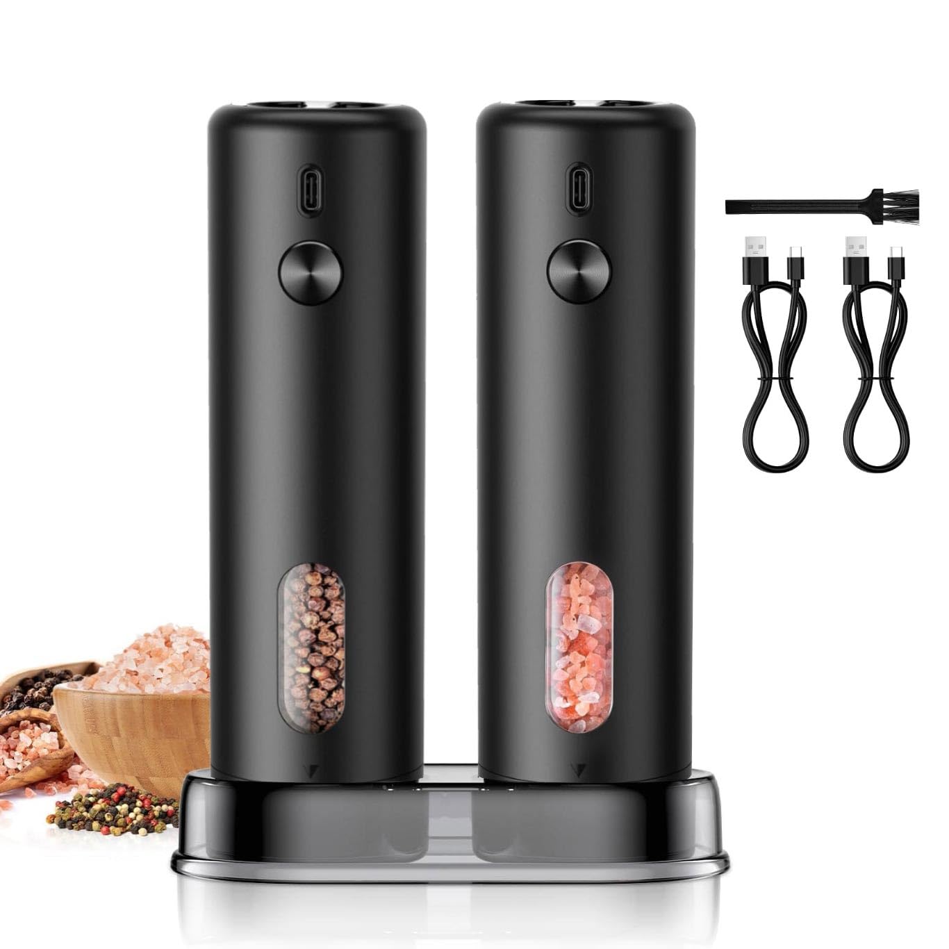 Rechargeable Salt and Pepper Shakers,Electric Salt and Pepper Grinder Set with LED Light for Kitchen, Adjustable 6-level with Base,2 Pack Set