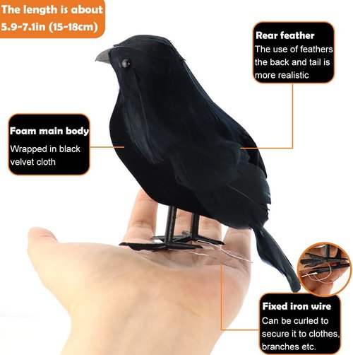 AEVBSOY Black Feathered Crows - Realistic Handmade Halloween Decorations | 3 Pack for Indoor/Outdoor Use