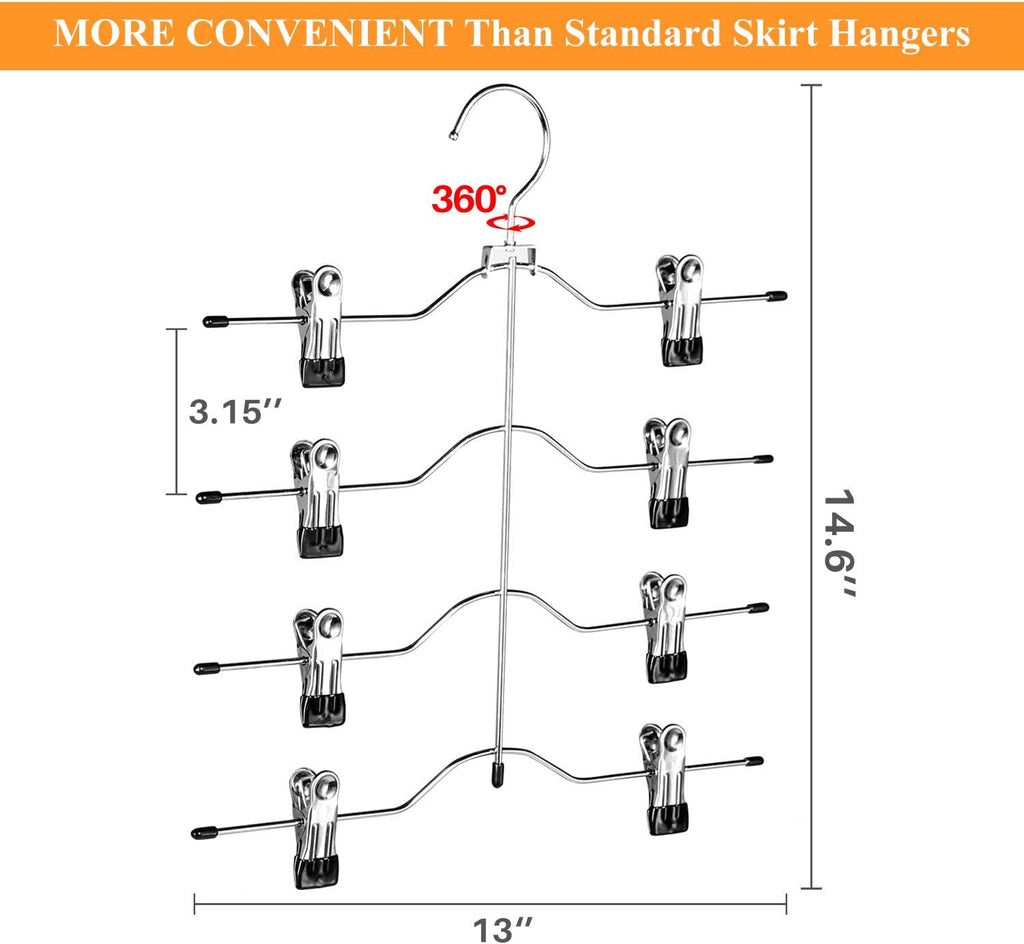 Skiennix Multi-Layer Pants Hangers - 4 Tier Adjustable Clip Skirt Organizer | Heavy Duty Non-Slip Design (Black)
