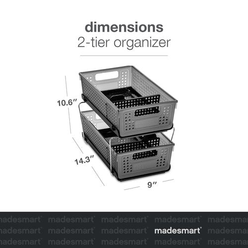 madesmart 2-Tier Organizer Multi-Purpose Slide-Out Storage with Handles and Dividers for Home and Bath, Pack of 4, Carbon