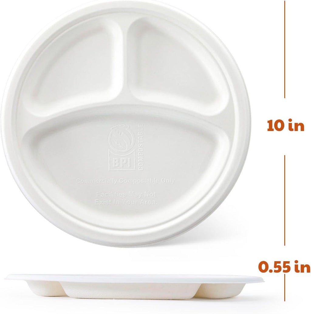 Regine Switzerland Compostable 3-Compartment Paper Plates - Heavy Duty Biodegradable Lunch Trays | 10 Inch, 125 Count