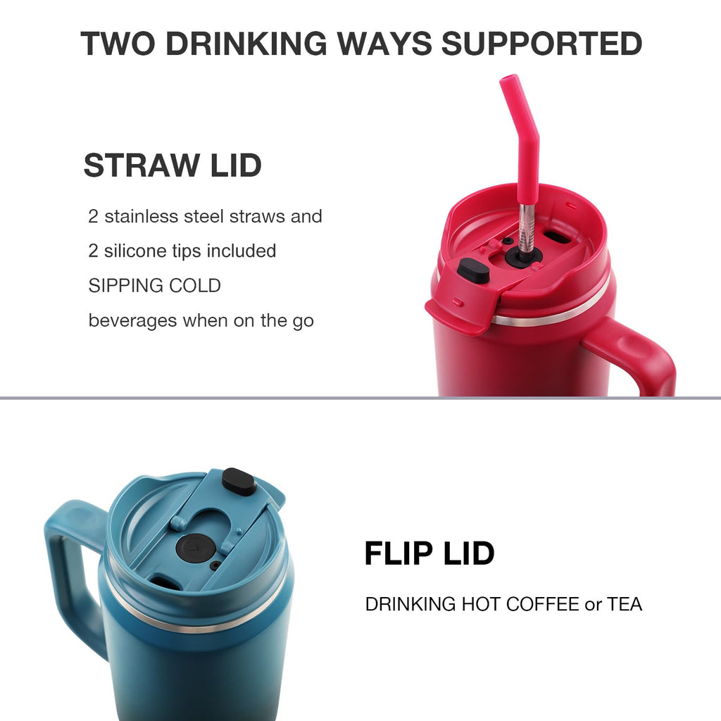 EALGRO Insulated Coffee Mug Cup with Lid, 40 oz Tumbler with Handle and Straw, Double walled Stainless Steel Coffee Tumbler, Thermal Water Bottle Jug, Navy Blue