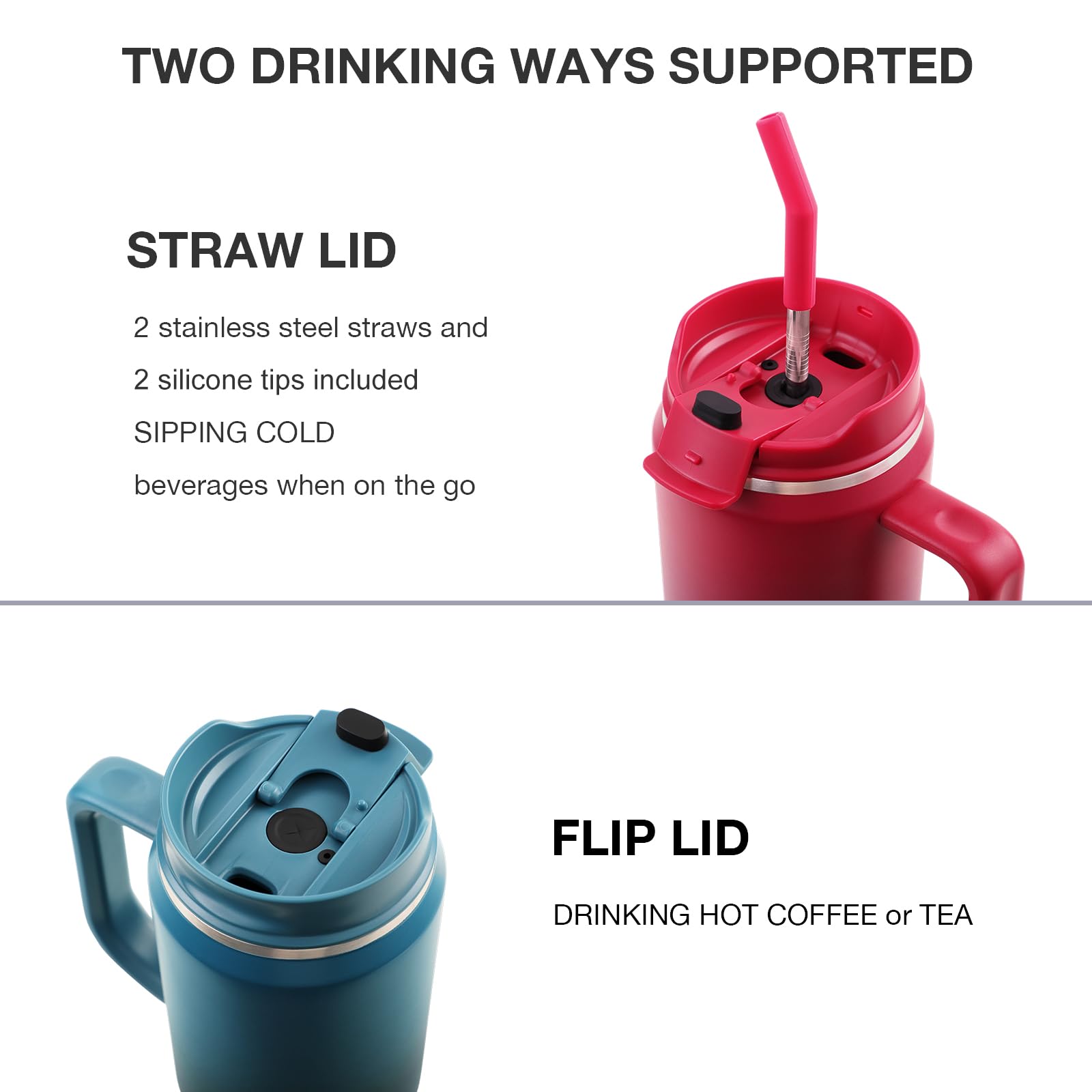 EALGRO Insulated Coffee Mug Cup with Lid, 40 oz Tumbler with Handle and Straw, Double walled Stainless Steel Coffee Tumbler, Thermal Water Bottle Jug, Navy Blue