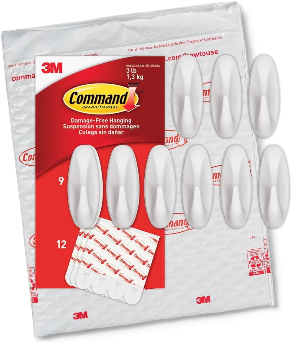 Command Medium Designer Hooks - Damage-Free Wall Hook with Adhesive Strips | Holds Up to 3 lb, 9 Hooks & 12 Strips