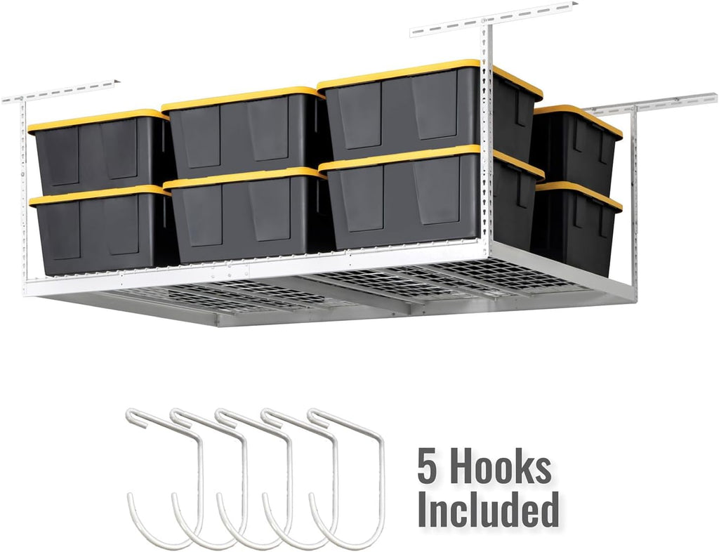 SafeRacks Overhead Storage Rack - Adjustable 4 ft x 8 ft | Height 24 in - 45 in, White with 5-Piece Hook Set