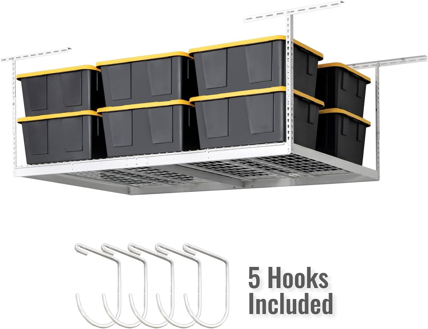SafeRacks Overhead Storage Rack - Adjustable 4 ft x 8 ft | Height 24 in - 45 in, White with 5-Piece Hook Set