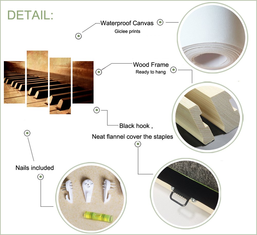 LevvArts - 4 Panels Piano Wall Art Canvas Sepia Brown Music Room Decor Piano Keys Pictures Prints Framed Ready to Hang