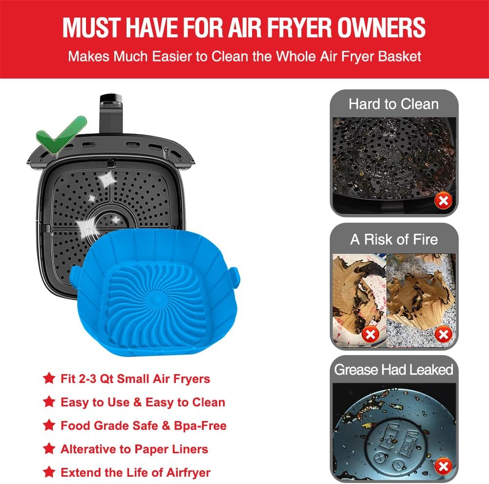Skiennix Air Fryer Silicone Liners - Non-Stick Reusable Pot Basket for 2-3 QT Air Fryers | 2 Pack Square Inserts