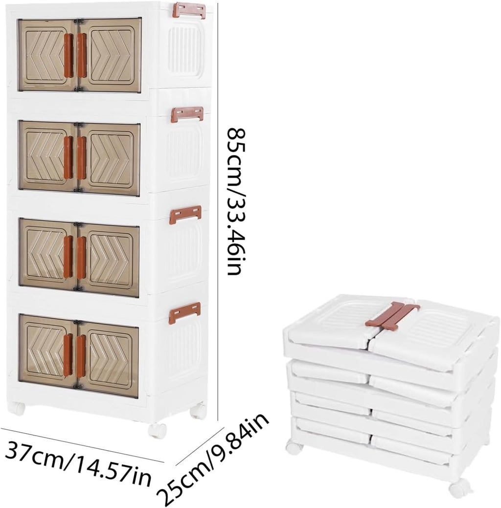 Skiennix 4-Tier Storage Bins - Stackable, Foldable Organizers with Lids & Wheels | Transparent Door