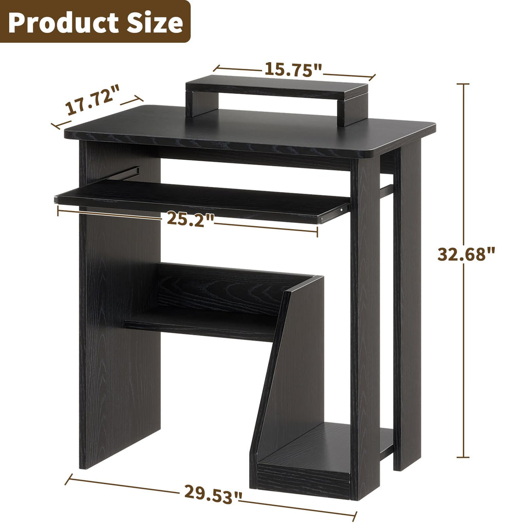 ALISENED 30" Small Computer Desk with Keyboard Tray Monitor Stand, Study Writing Desk with Storage Shelves, Modern Workstation for Small Spaces, Save Space, Black A