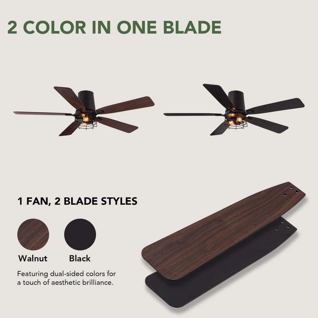 SPACORA 52 Inch Ceiling Fans with Lights, Farmhouse Ceiling Fan with Lights and Remote, Noiseless DC Motor, Black Flush Mount Ceiling Fan for Bedroom Living Room Indoor