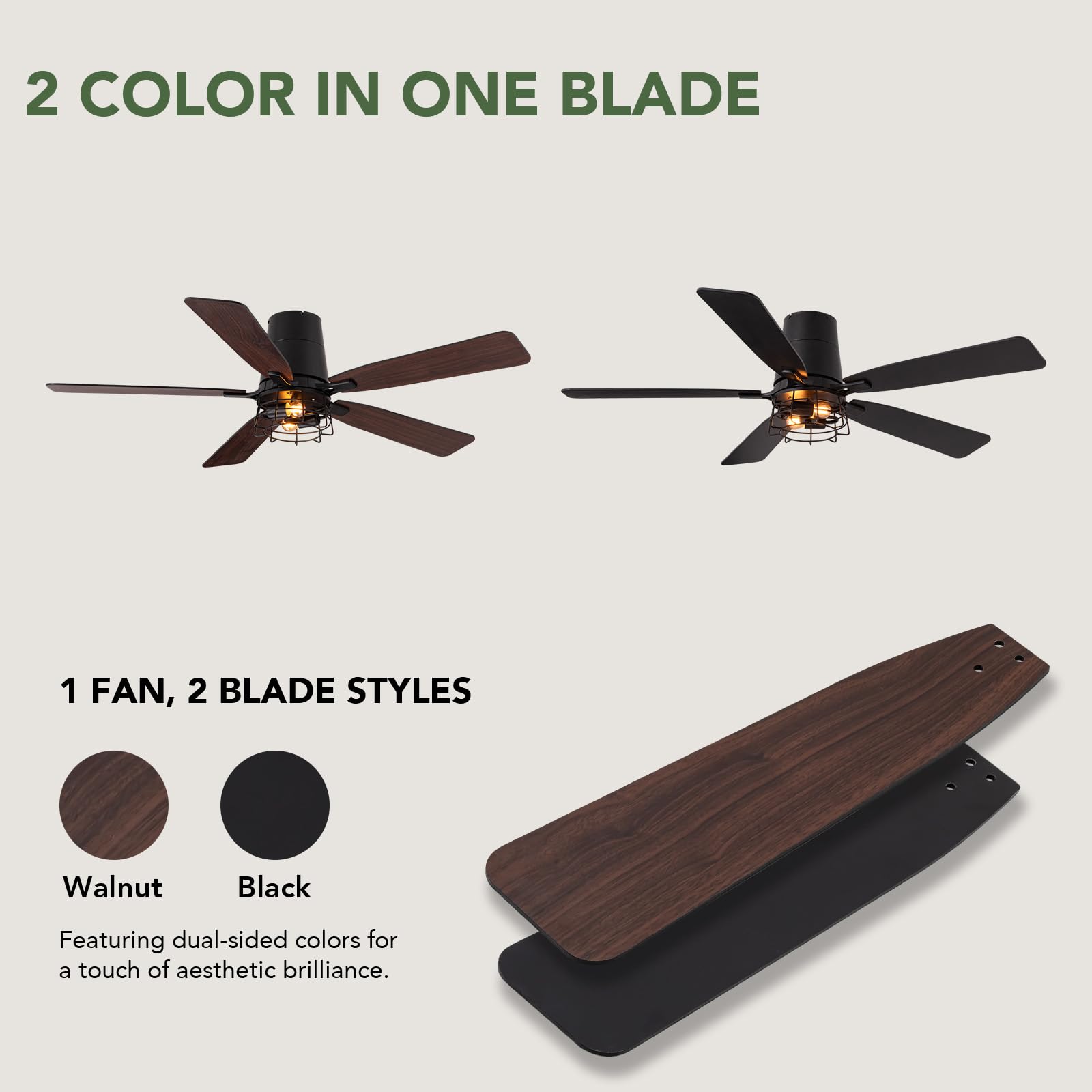 SPACORA 52 Inch Ceiling Fans with Lights, Farmhouse Ceiling Fan with Lights and Remote, Noiseless DC Motor, Black Flush Mount Ceiling Fan for Bedroom Living Room Indoor