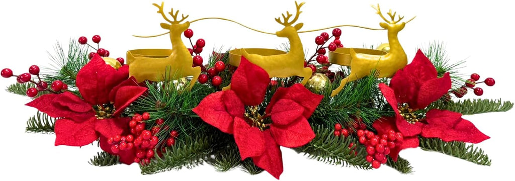 Poinsettia Candle Holder Centerpiece by [Brand Name] - Metal Deer Figurine with Red Berries & Pine Needles for Holiday Decor
