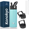 Skiennix Insulated Water Bottle - 18oz Stainless Steel Flask with Straw - Turquoise Color