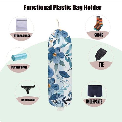 Flowers Plastic Bag Holder 22.5x9 Inch, Blue Floral Wall Mount Grocery Bag Holder for Plastic Bags, Washable Grocery Bags Storage Dispenser for Home Kitchen Pantry Decor, Flower Gifts for Women