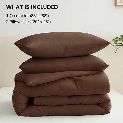 CozyLux Queen Comforter Set Brown, 3 Pieces Solid Breathable Quilted Style Bedding Sets, Luxury Fluffy Soft Bed Set with Down Alternative Comforter for All Season (1 Comforter & 2 Pillowcases)