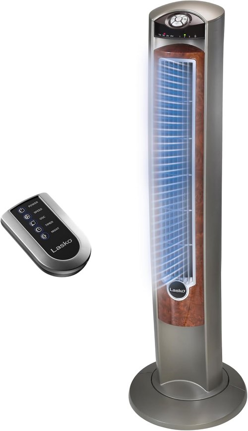 Lasko Oscillating Tower Fan - Quiet Remote-Controlled Floor Fan for Bedroom - 42" Woodgrain & Grey