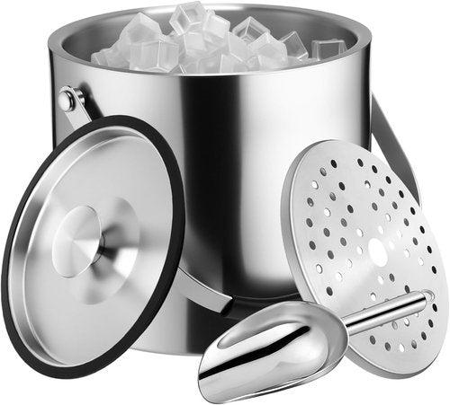 meekoo 4 L Double Wall Insulated Ice Bucket with Lid, Scoop, Strainer, Handle Large Stainless Steel Wine Ice Bucket Upgraded Cover Keep Frozen Longer for Cocktail Bar Parties(Silver)