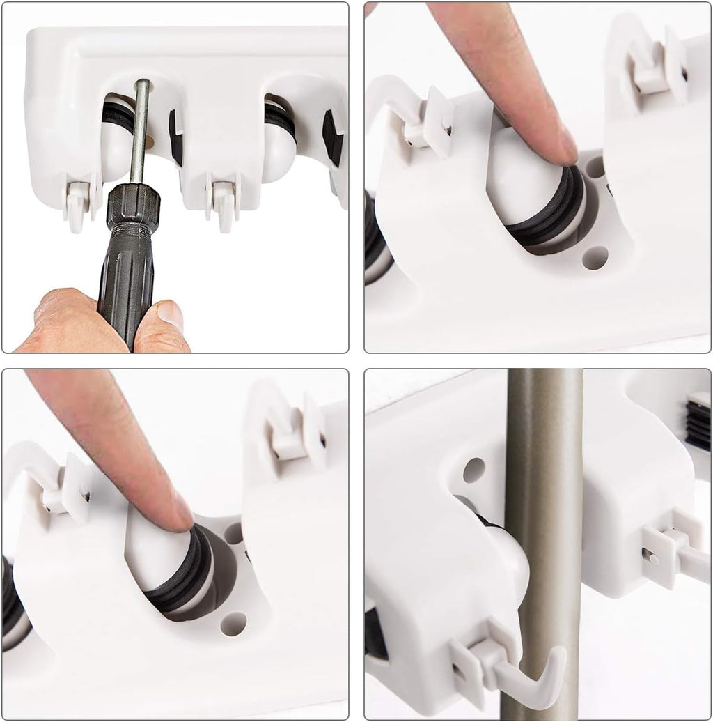 Tangkula Wall Mount Broom Holder - 5 Slot Organizer with 6 Hooks for Home, Kitchen & Garage (White)