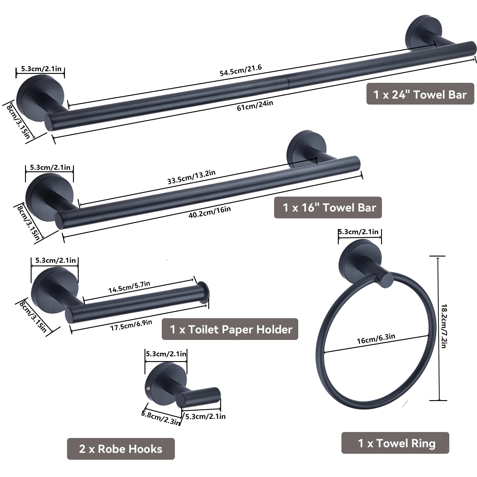 RoDzj Matte Black Bathroom Hardware Set 6-Piece, SUS304 Stainless Steel Bath Accessories Kit, Includes 24" & 16" Towel Bars, Toilet Paper Holder, Towel Ring, 2 Robe Hooks, Wall Mounted Round Style