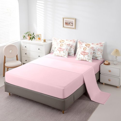 7 Pieces Ballerina Girl Comforter Set Queen Size, White Swan Bedding Set for Kids Girl Princess Room Decor, Pink Flower Print Bed in a Bag with Comforter, Fitted Sheet, Flat Sheet and Pillowcases