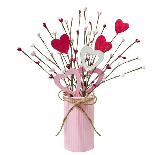 Agusbagli Valentines Day Decor Valentine Flowers Picks with Vase Valentines Day Artificial Berry Stems in Pink Metal Pot for Anniversary Wedding Table Centerpieces