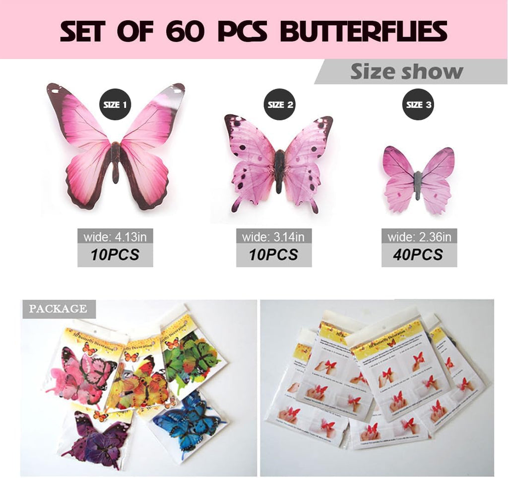 Skiennix 60pcs Butterfly Wall Decor - Vibrant Plastic Wall Art for Parties & Events | Removable Stickers