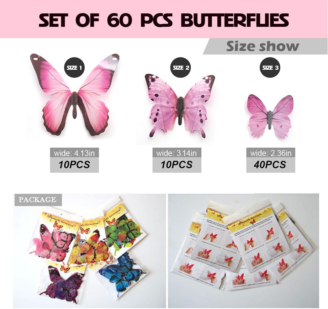 Skiennix 60pcs Butterfly Wall Decor - Vibrant Plastic Wall Art for Parties & Events | Removable Stickers